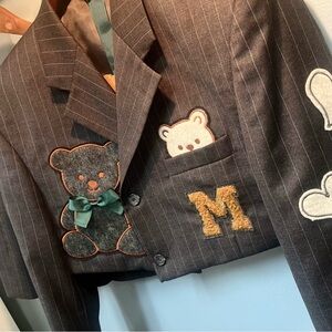 Gray Pinstripe Blazer with Bear Patches Vintage Remake